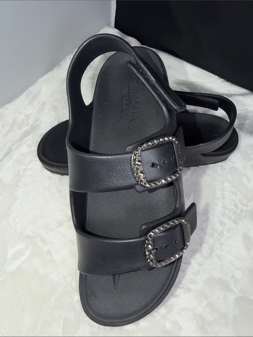 NWT Skechers Women 11 Black Comfort Sandal Double Buckle Adj Strap Walking Shoes